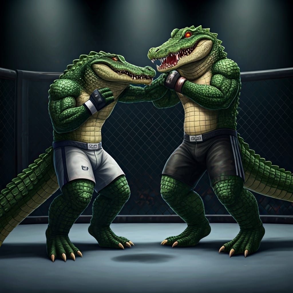 Alligator vs Crocodile MMA Cage Fight: Gritty Sci-Fi