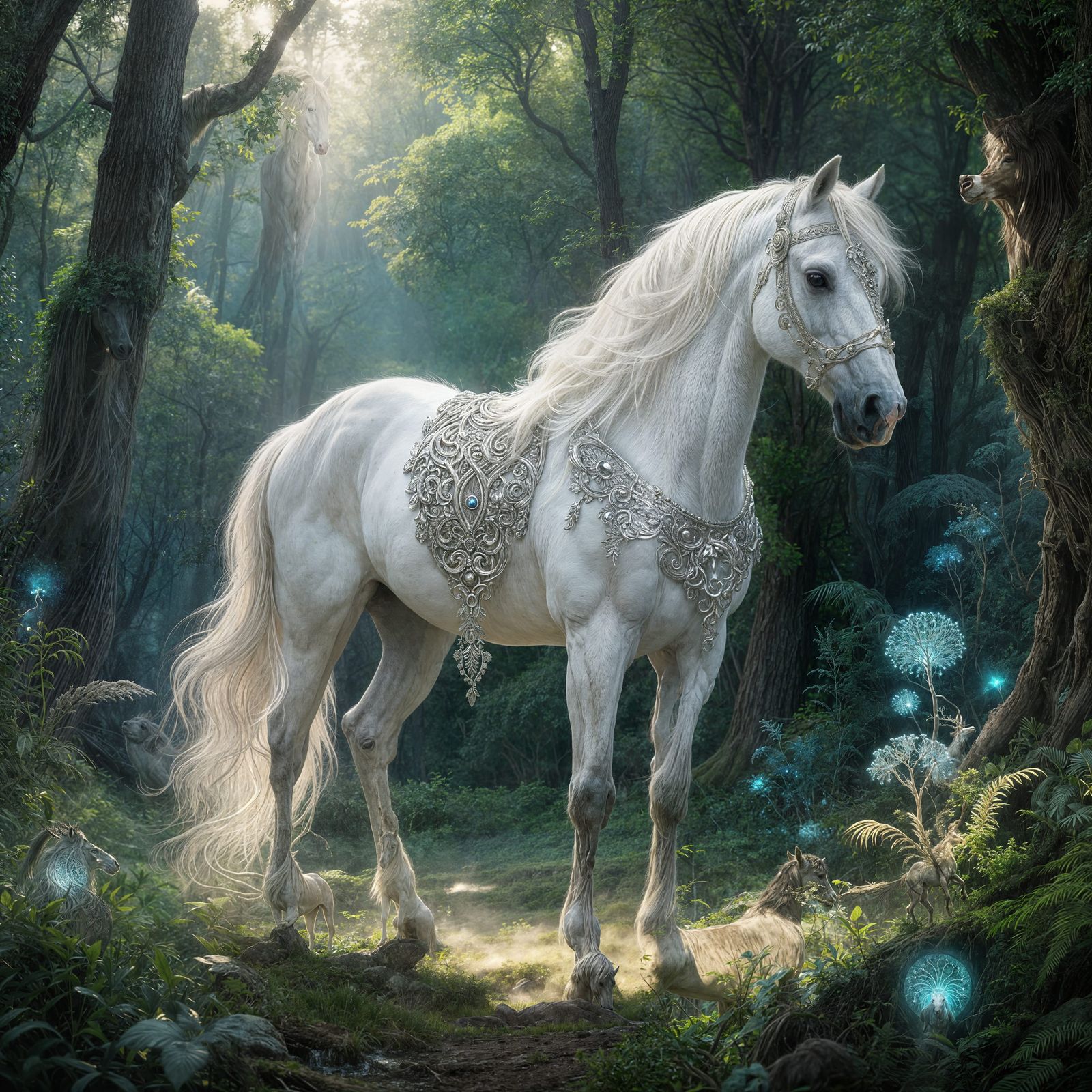 Majestic White Horse in Sun-Dappled Forest Clearing