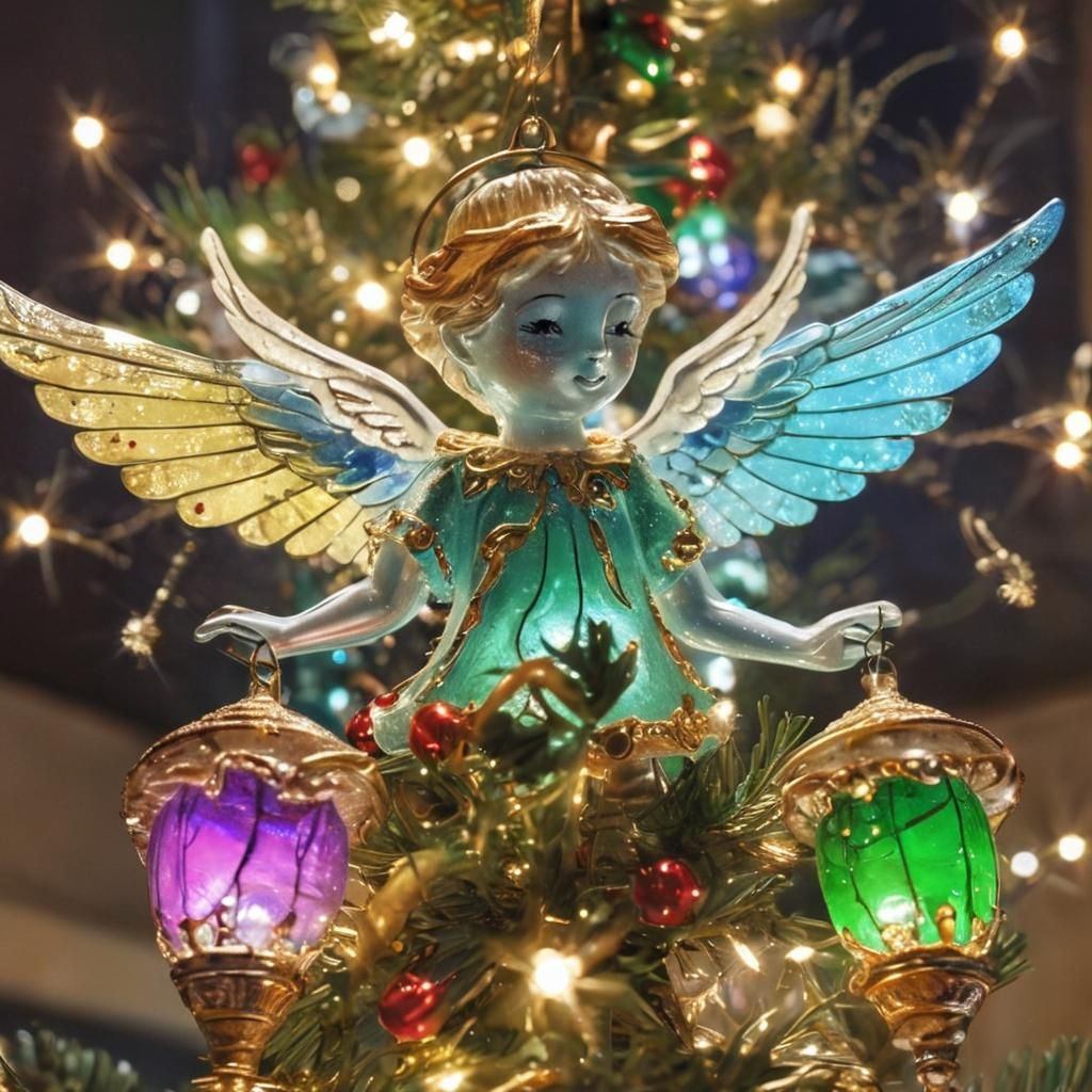 Enameled Glass Angels on Christmas Tree Branch