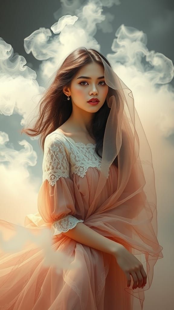 Ethereal Mist and Rose-Gold Attire in Art Nouveau Style