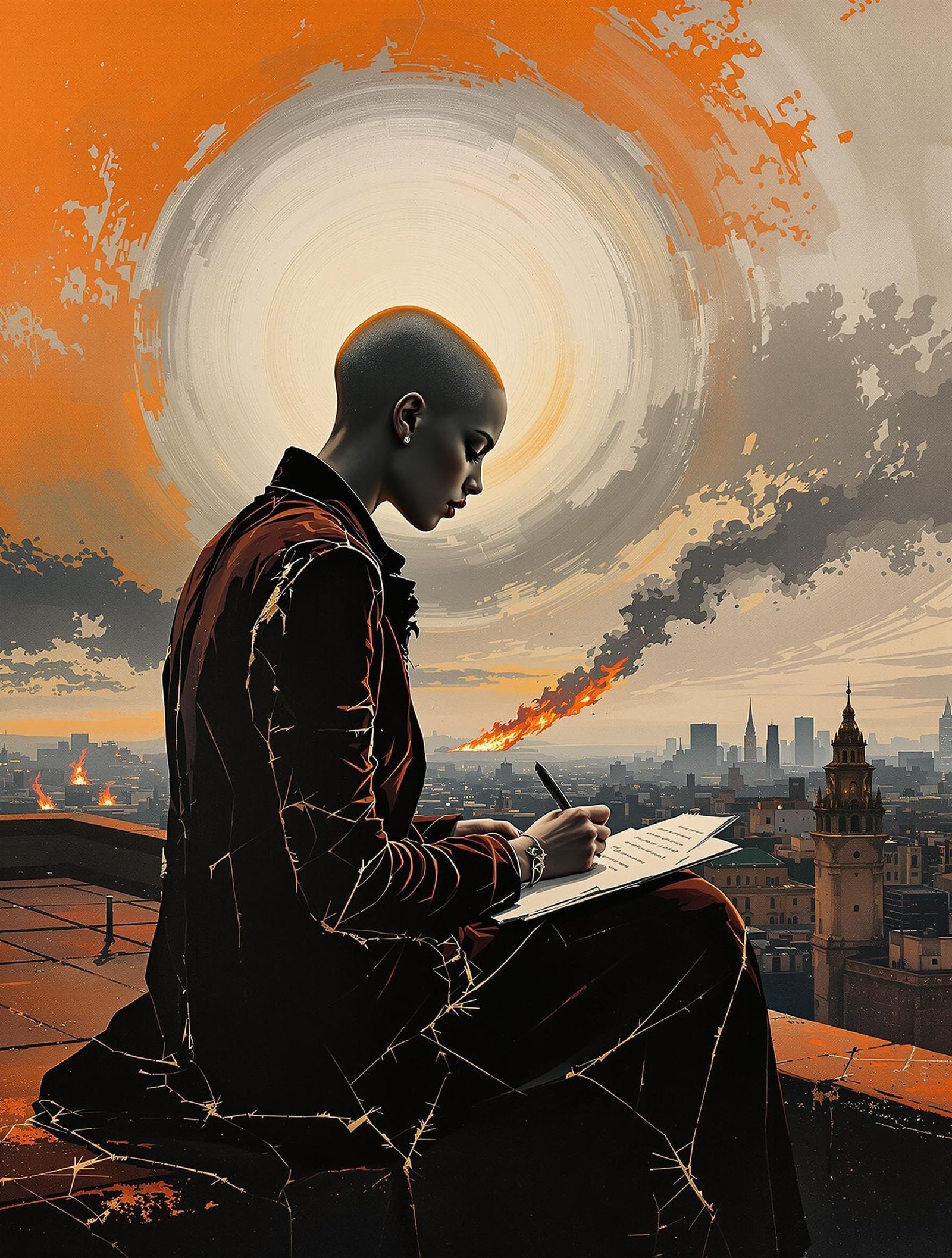 Woman with Halo Writing Letter: Impasto Oil Painting