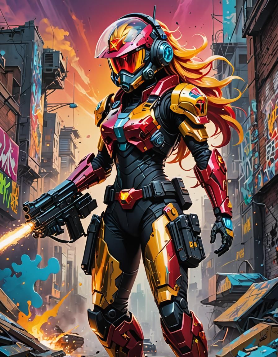 Sunset Shimmer: Futuristic Mercenary in Graffiti Art Style