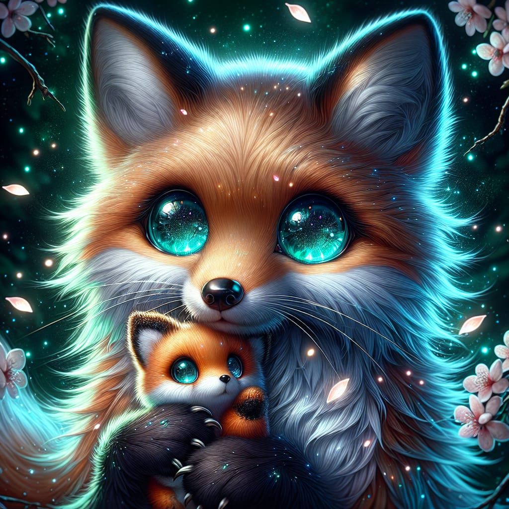 Cute Fox Hugging Plushie in Detailed Digital Art