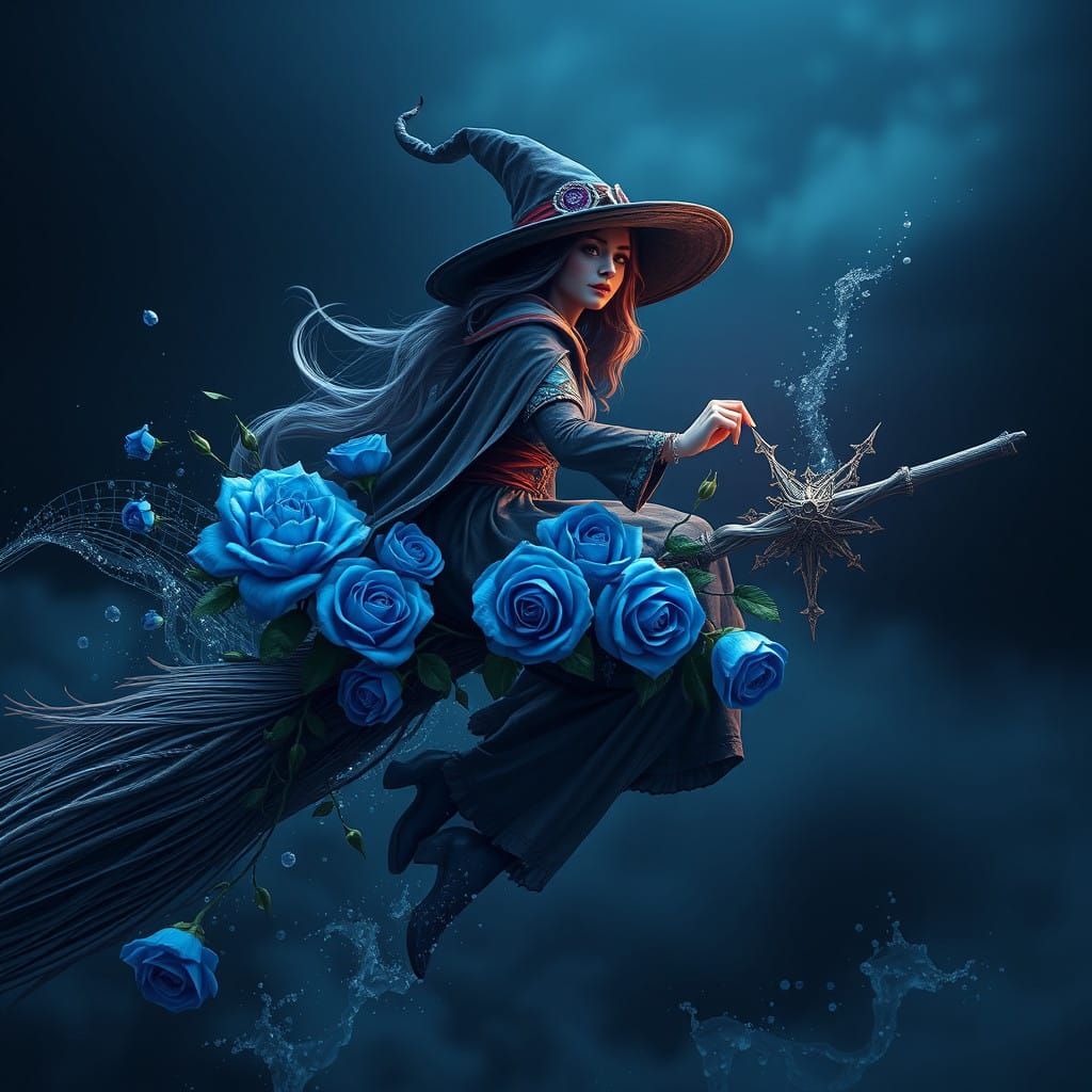 Mystical Sorceress Soars with Vibrant Blue Blooms