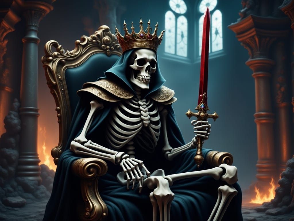 Skeleton King on Throne in Gothic Castle