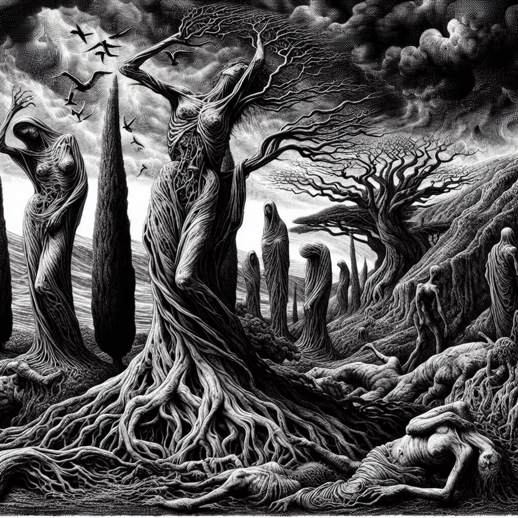 Macabre Arthritic Trees Landscape in Dark Mode