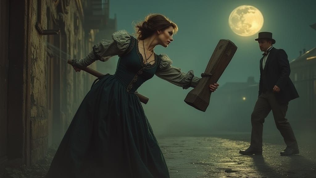 Victorian Woman With Sledgehammer in Moonlit Scene