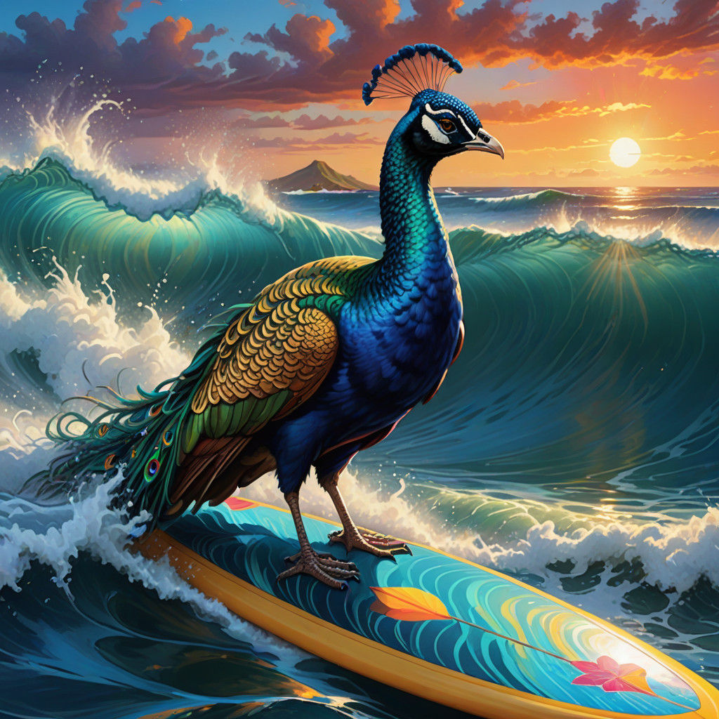 Vibrant Peacock Rides Chrome Surfboard on Tropical Wave