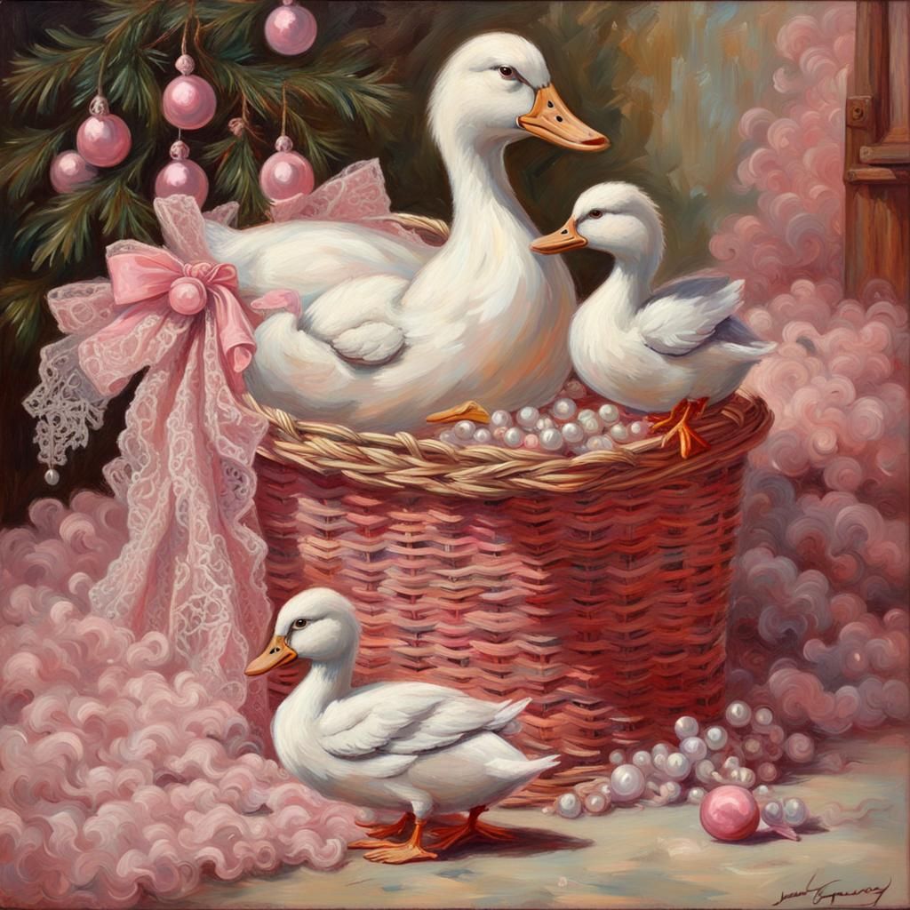Ducks in Basket Under Christmas Tree: Oil Painting