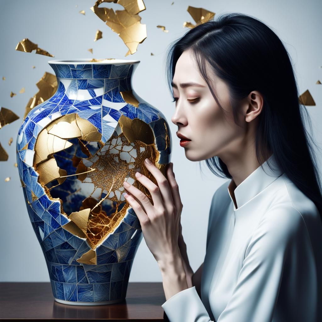 Cyborg Woman and Kintsugi Vase with Golden Glue