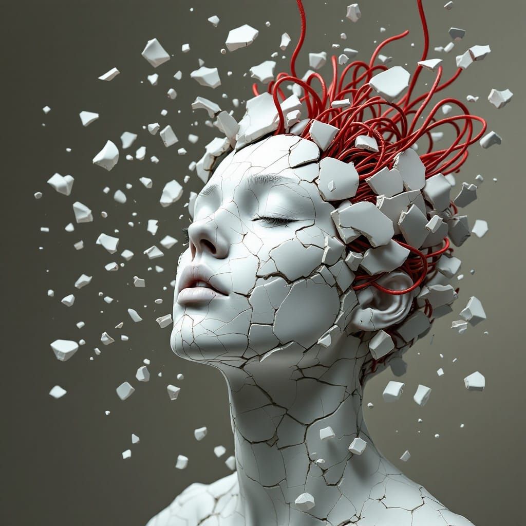 Surrealistic Human Head in Shattered Pottery and Neon Wiring