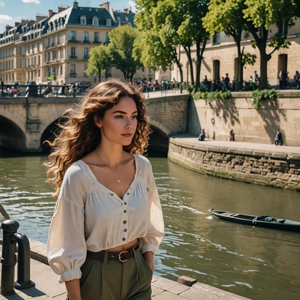 Aurélie Strolls Along the Seine on a Sunny Day