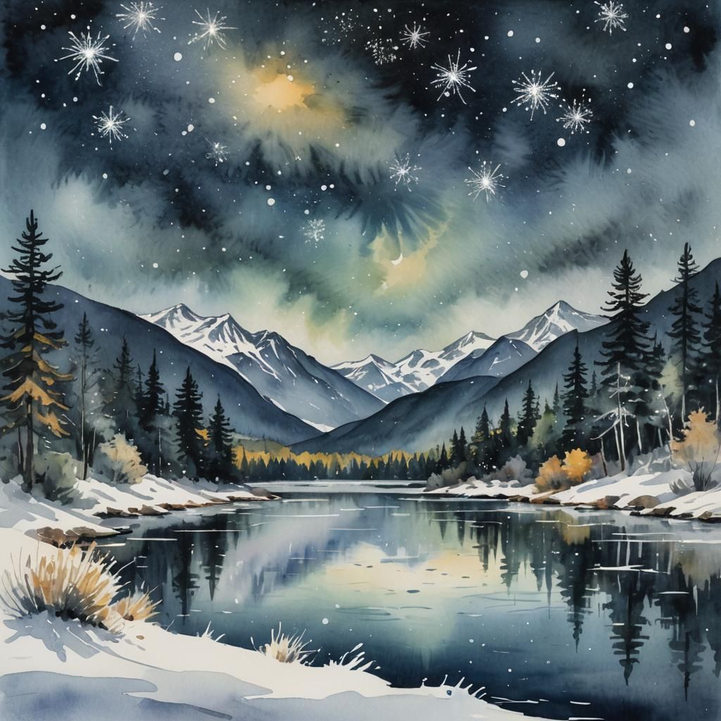 Impressionist Dreamscapes: Snowy Mountains Under a Starry Ni...