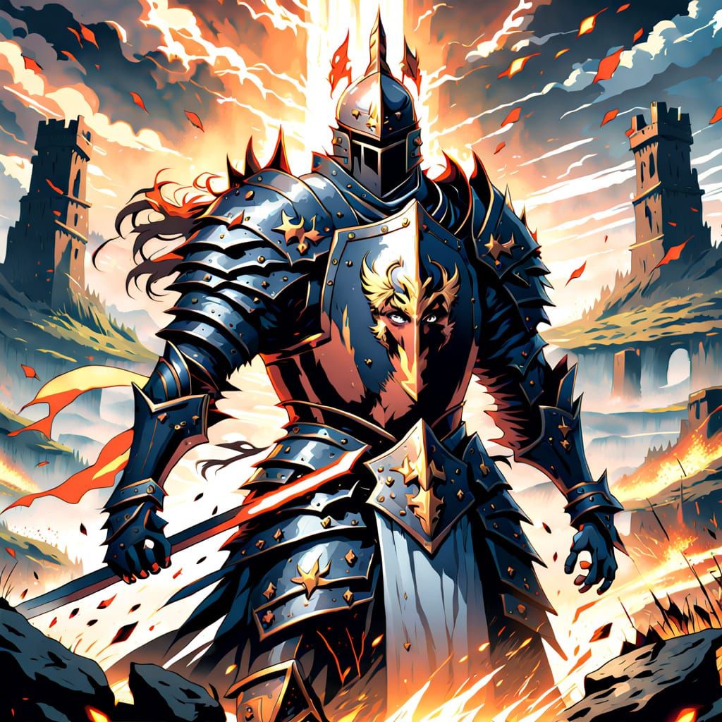 Heroic Knight on Battlefield in Vibrant Anime Style