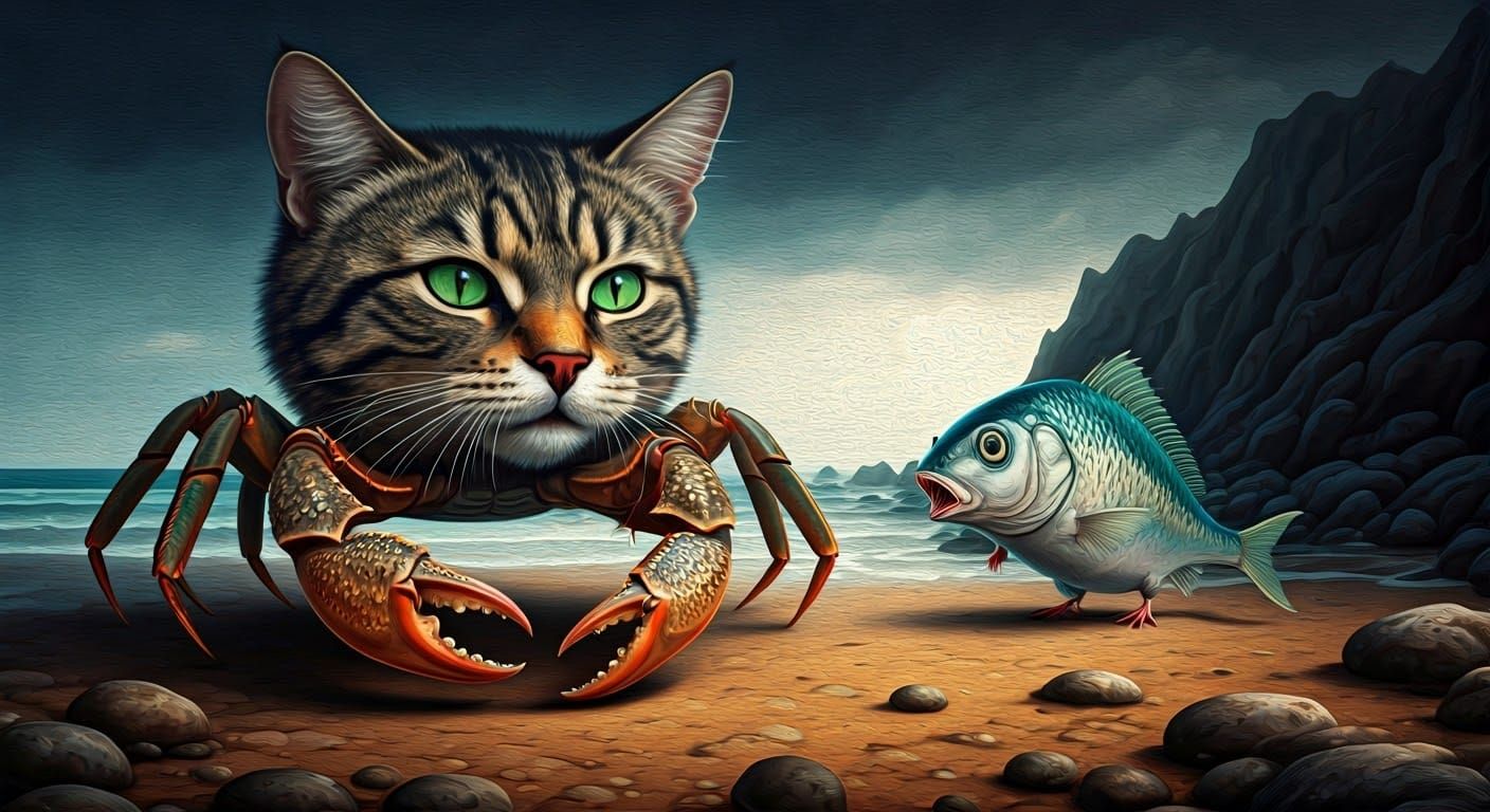 Feline Crab in Surreal Oceanic Landscape