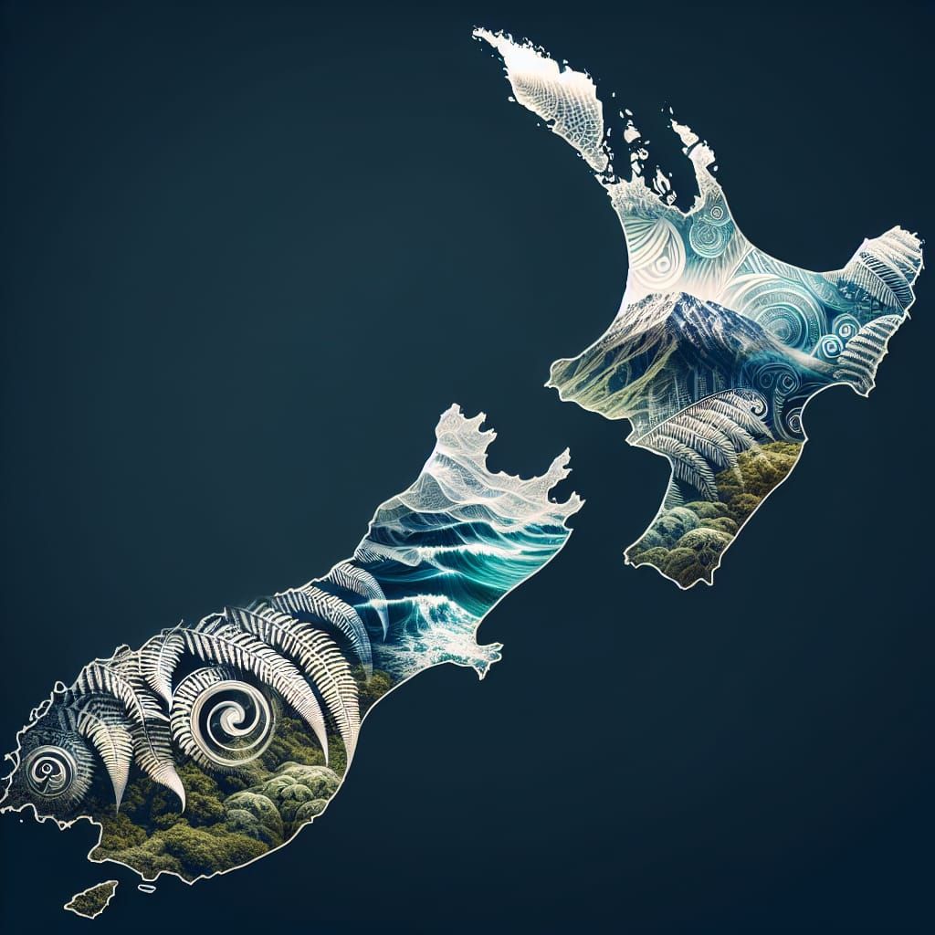 New Zealand Map with Silver Ferns in Matte Painting