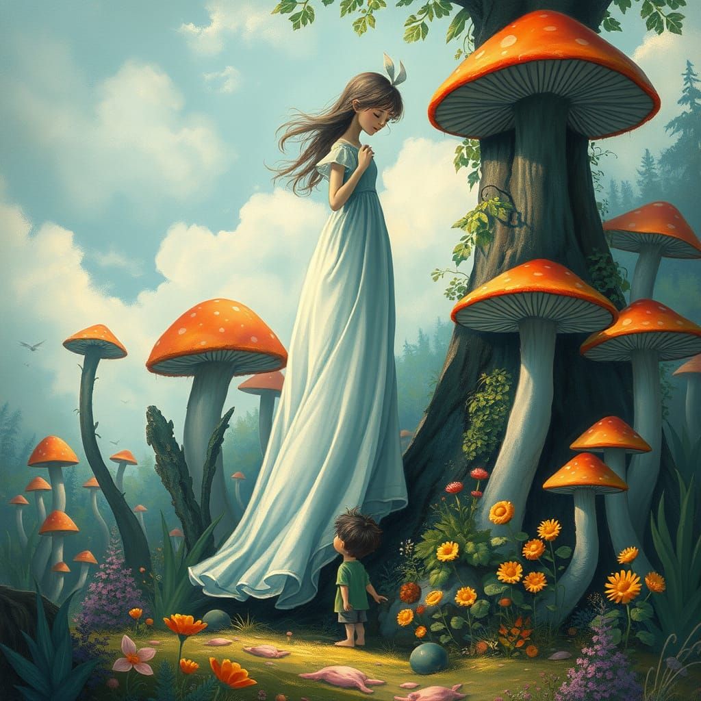 Giant Girl Looms Over Boy in Whimsical Fantasy Landscape