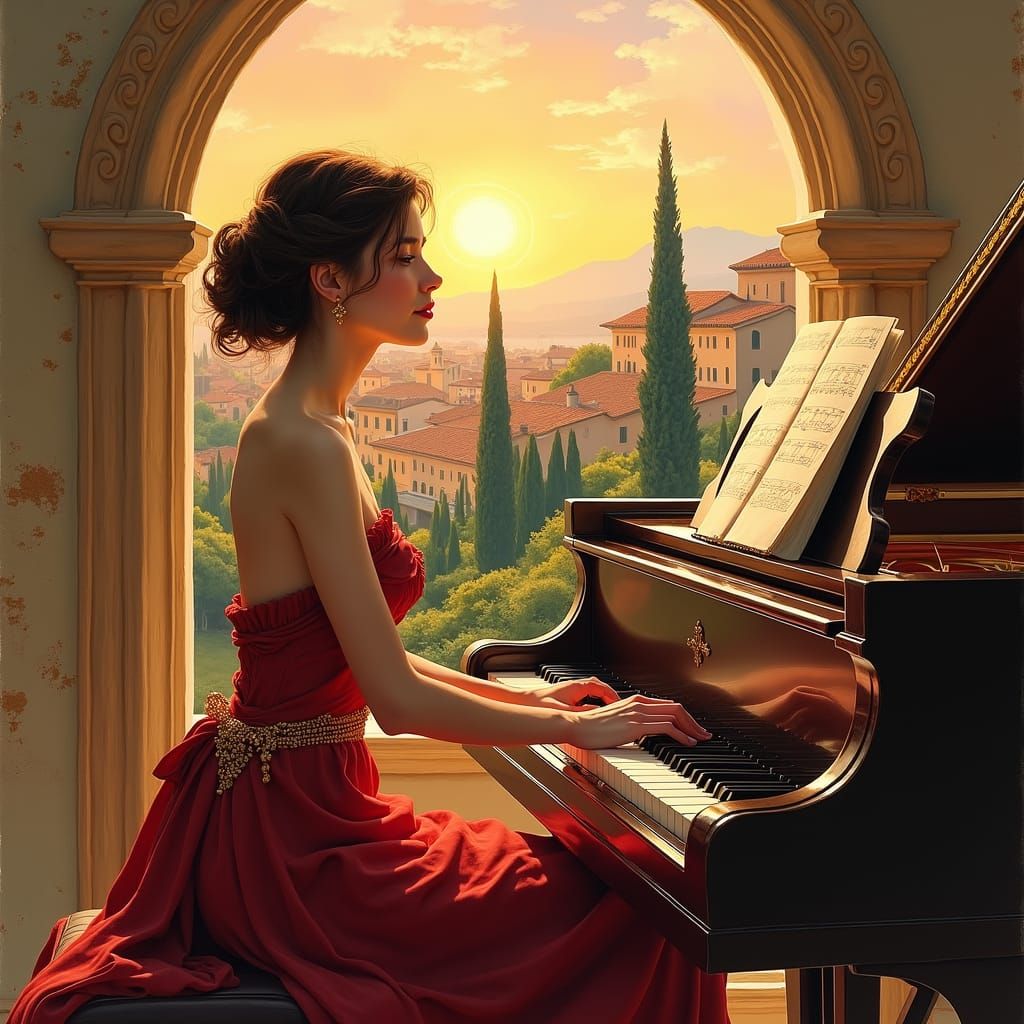 Woman at Piano with Italian Sunset, Watercolor Style