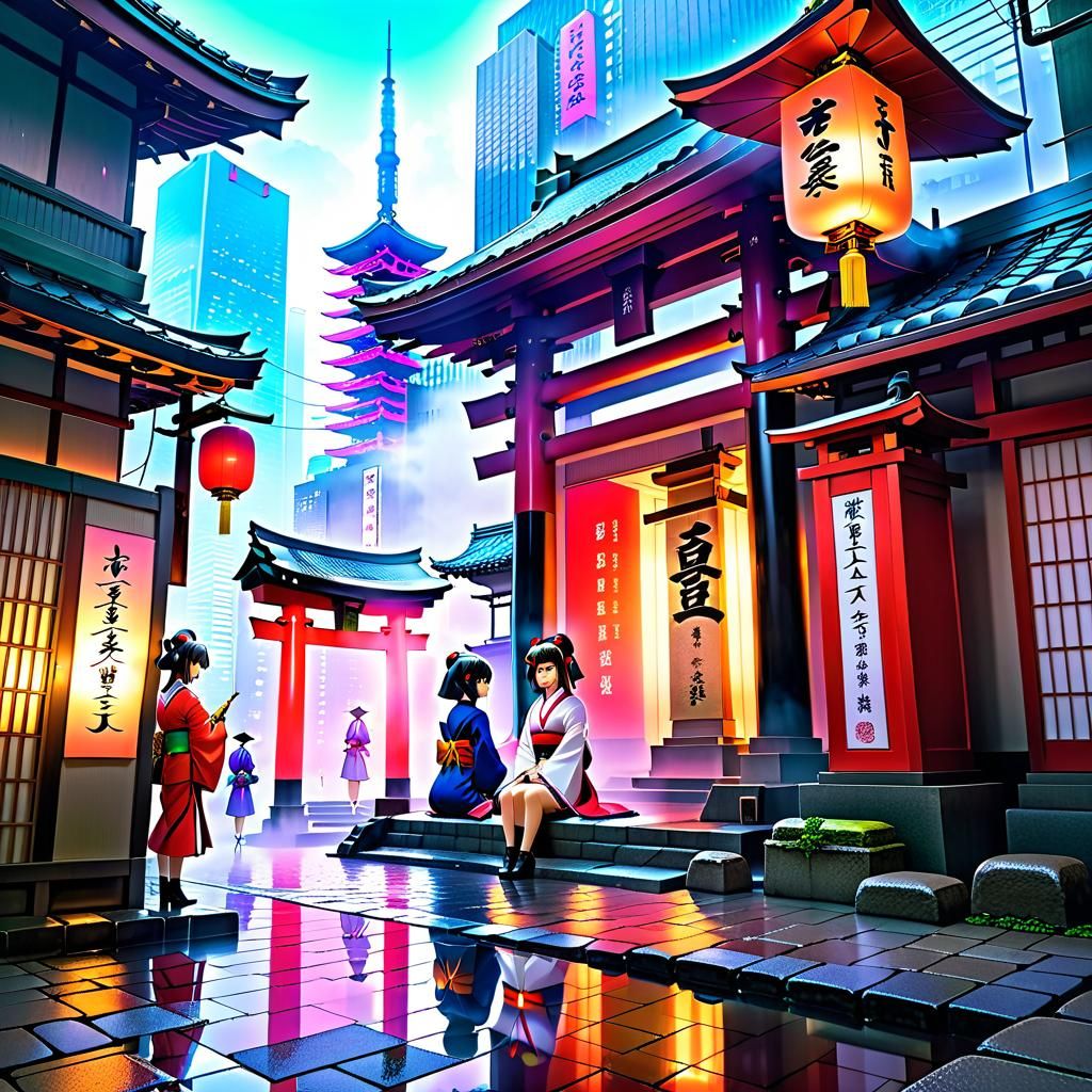 Hidden Tokyo Shrine with Yokai in Anime Style