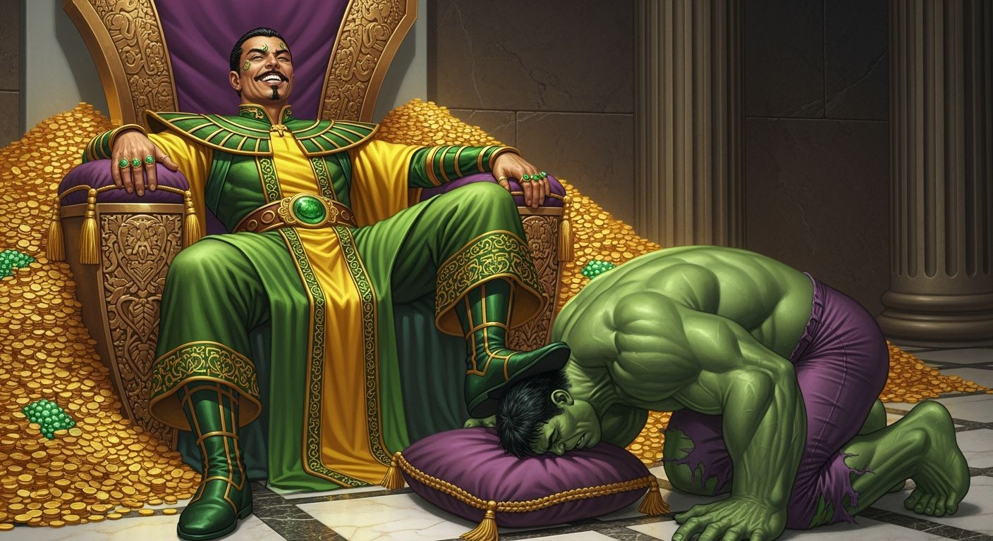 Mandarin on Throne with Hulk in Hyperrealistic Marvel Style