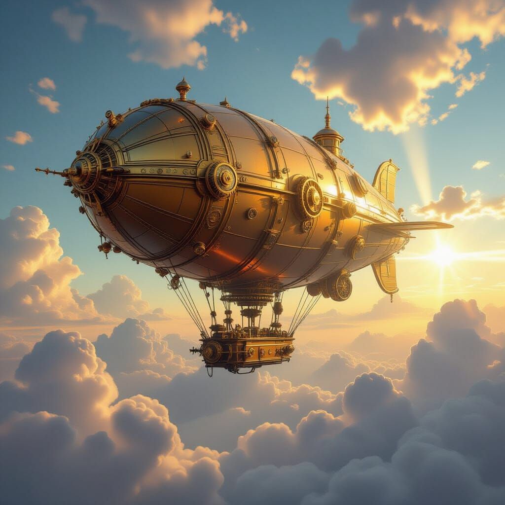 Steampunk Airship Floats in Dramatic Sunny Sky