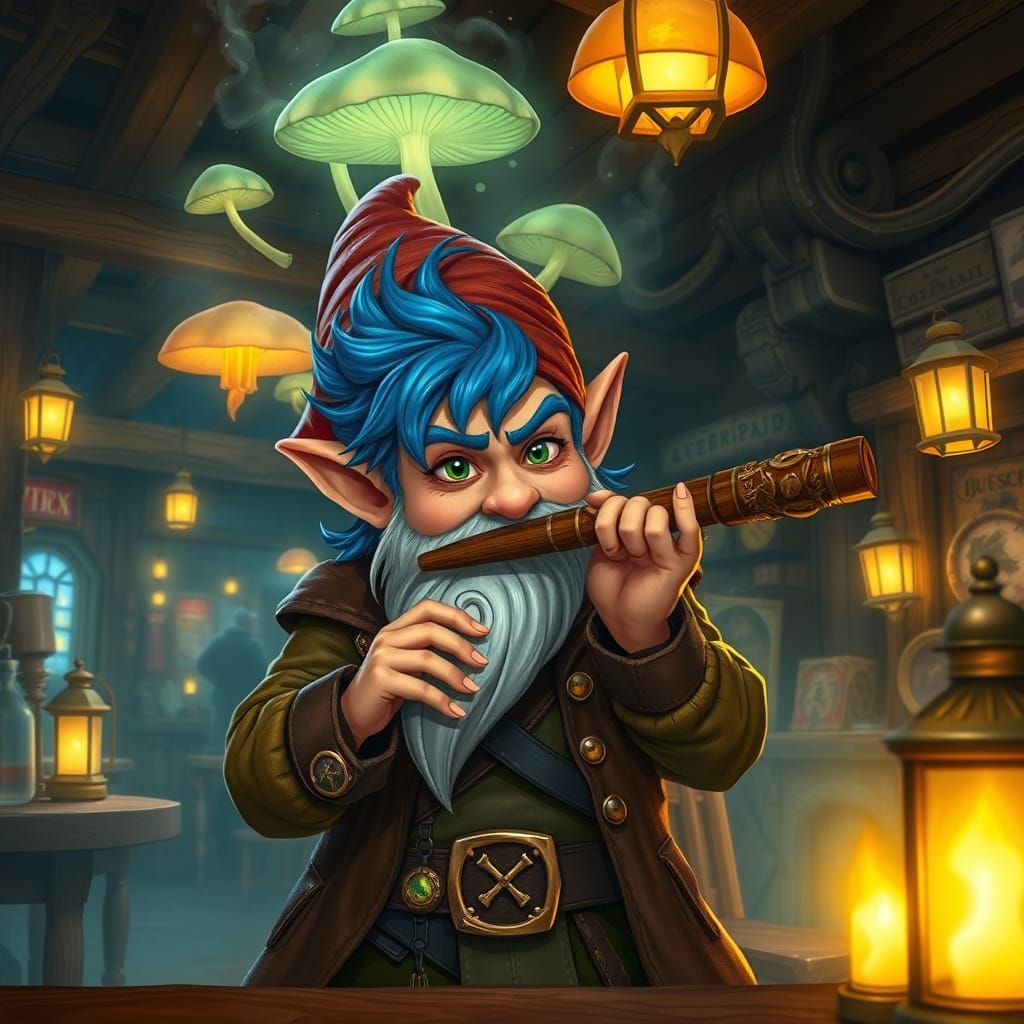 Gnome Rogue Plays Flute in Bustling Tavern