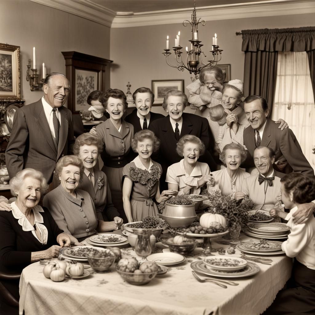 Happy Family Thanksgiving Dinner in Vintage Photo