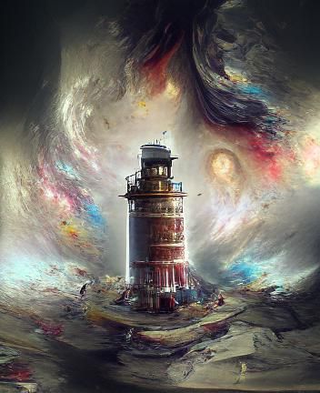 Lighthouse in Outer Space: Complex Dramatic Painting