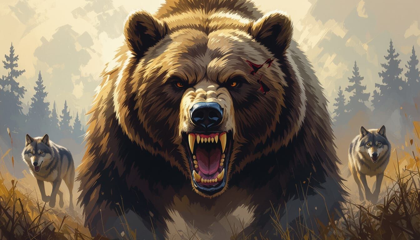 Ferocious Bear Face with Wolves, Gritty and Dramatic