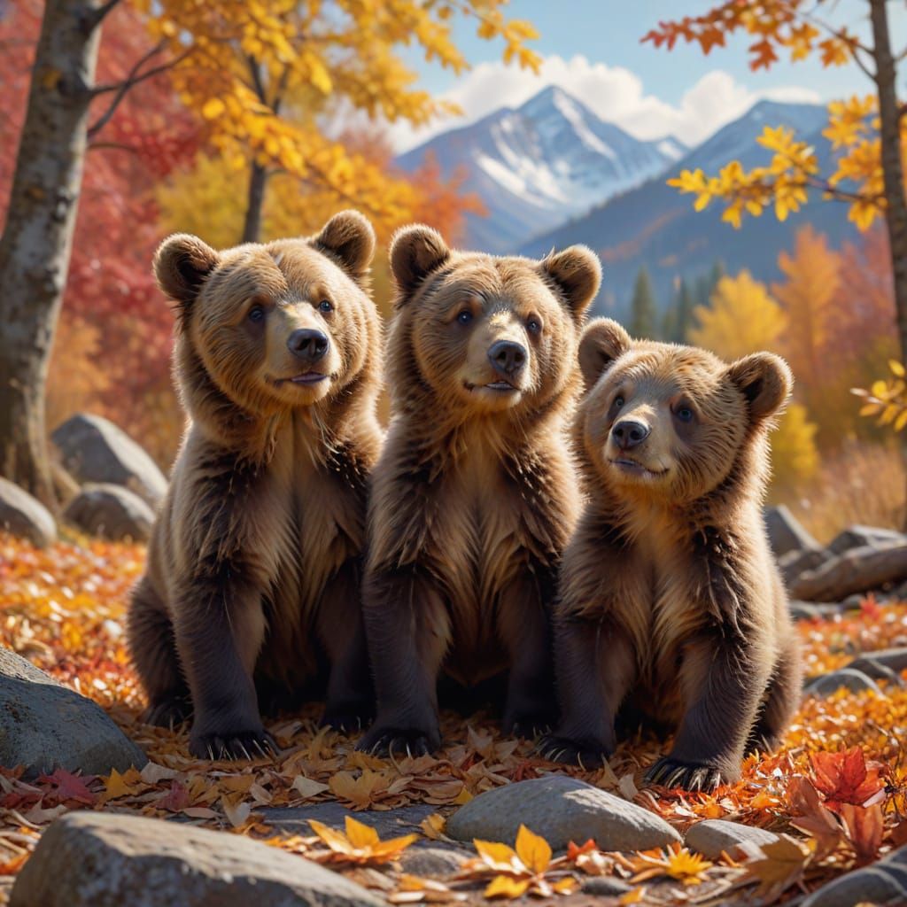 Adorable Bear Cubs Play in Autumn Leaves as Oil Painting