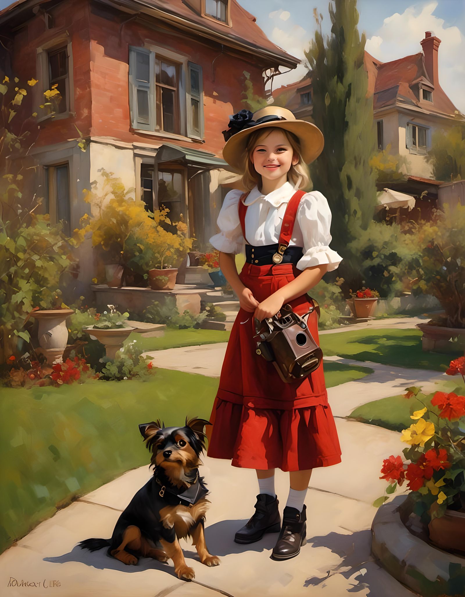 Girl and Dog Playing in Steampunk Garden
