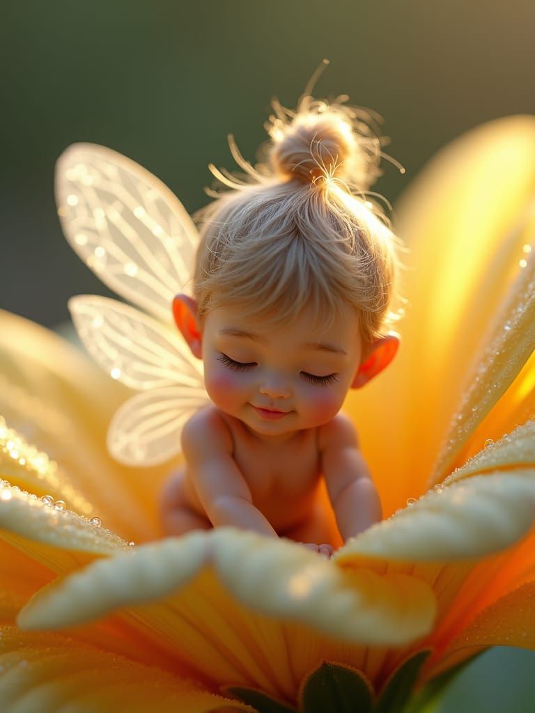 Delicate Fairy on Flower Petal Macro Photograph