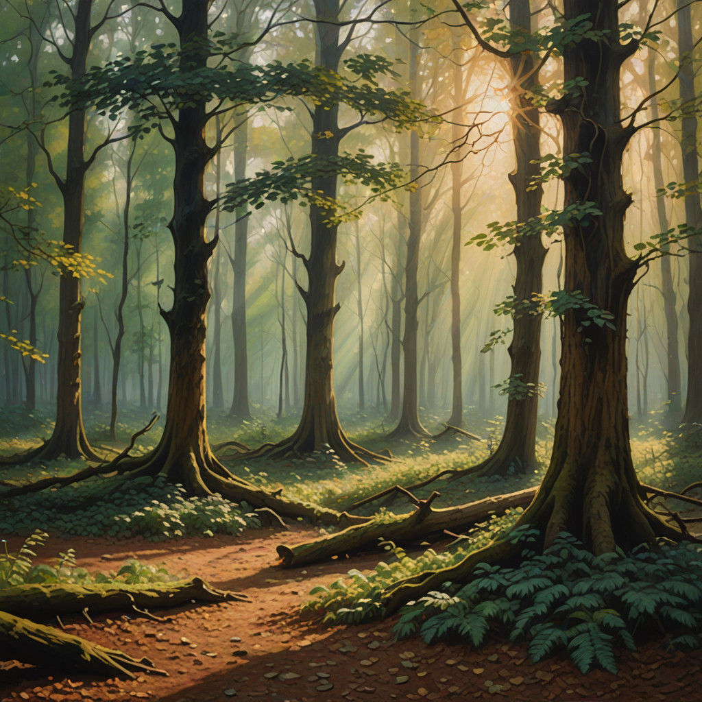 Serene Forest Landscape in Oil Painting Style