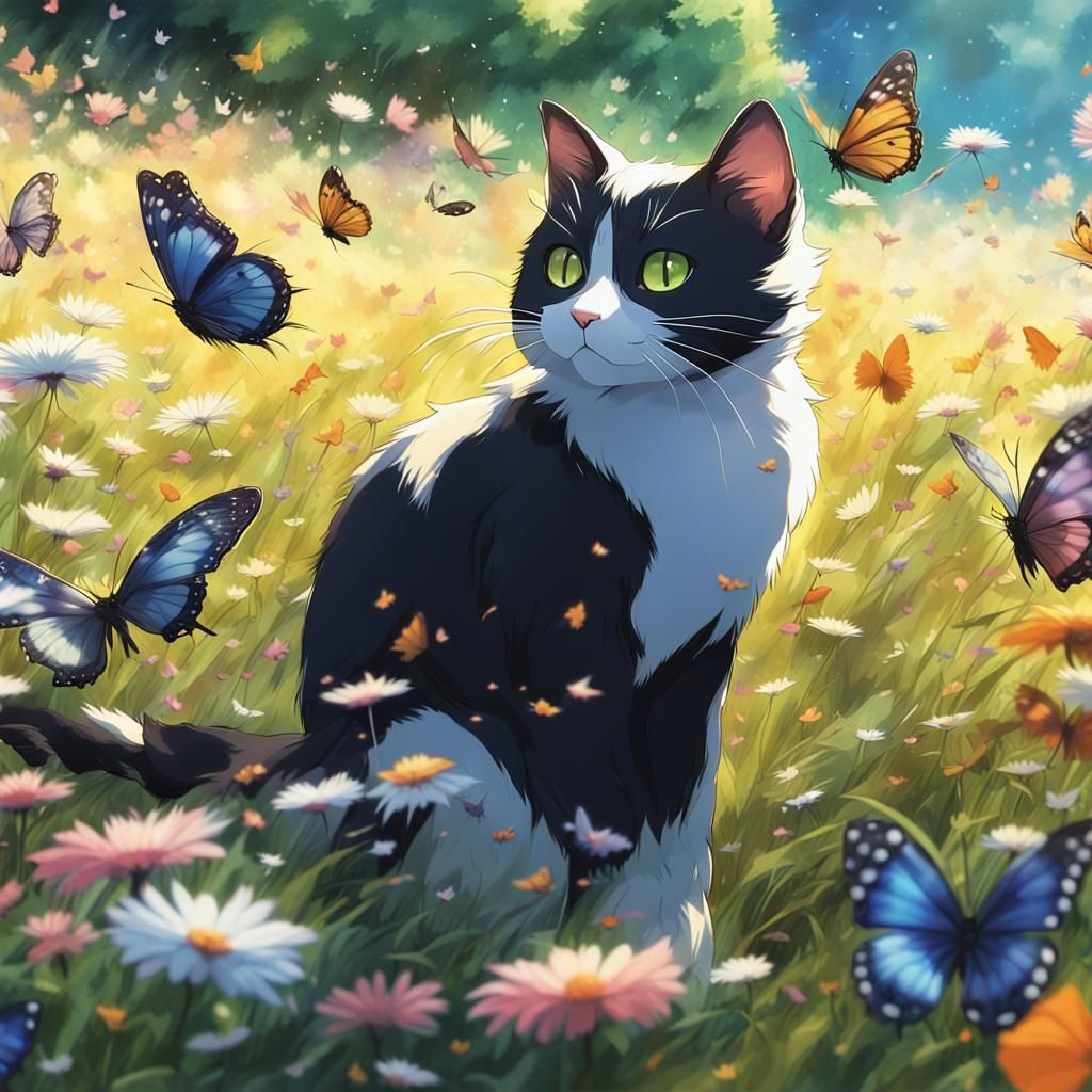 Monochrome Cat's Animated Butterfly Meadow