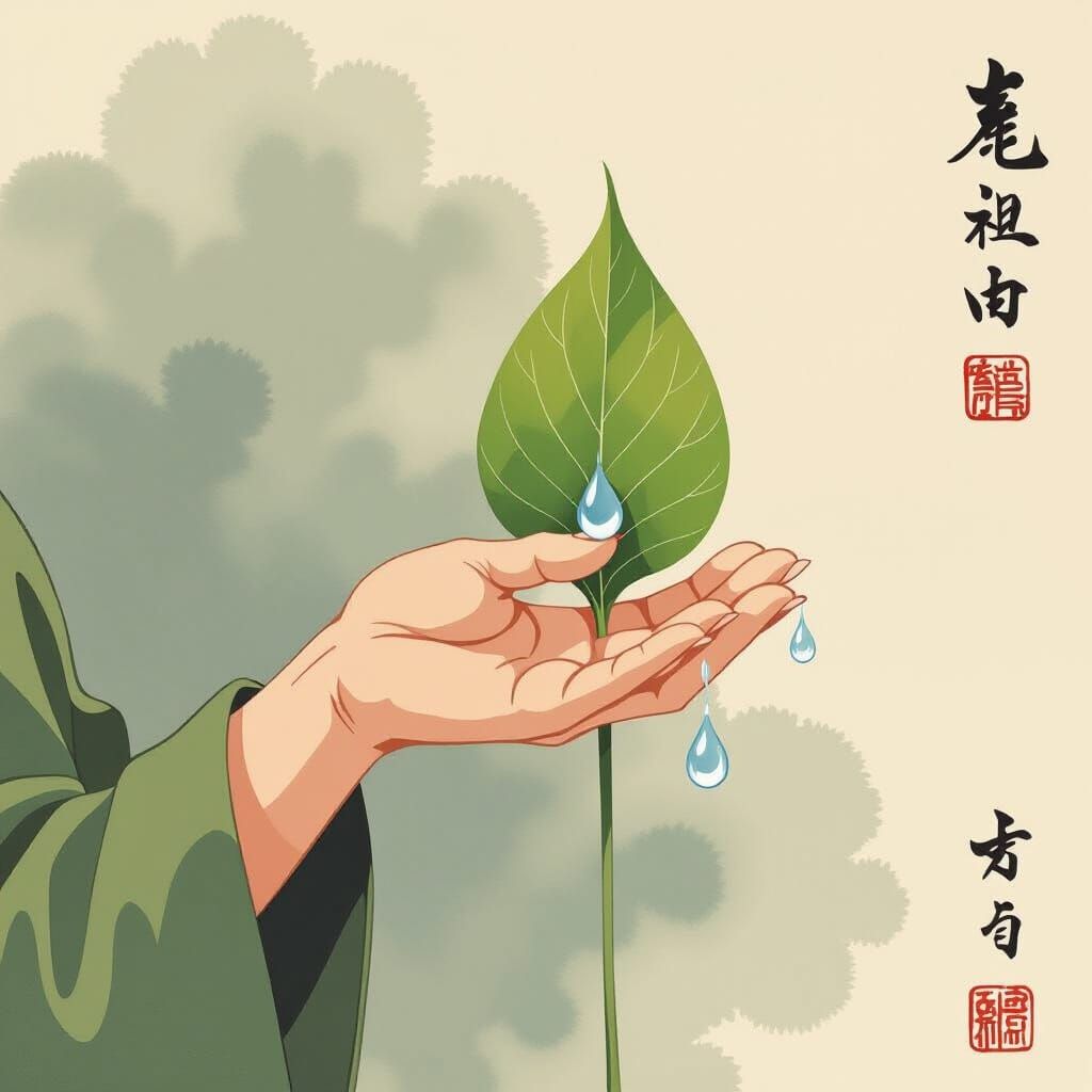 Yam Leaf with Water Drop in Yamato-e Style