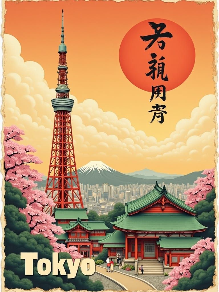 Retro Tokyo Travel Poster in Mid-Century Style