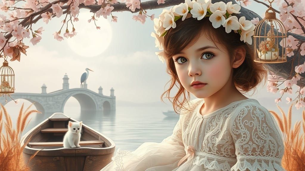 Enigmatic Girl Surrounded by Whimsy in Soft, Dreamlike Lands...
