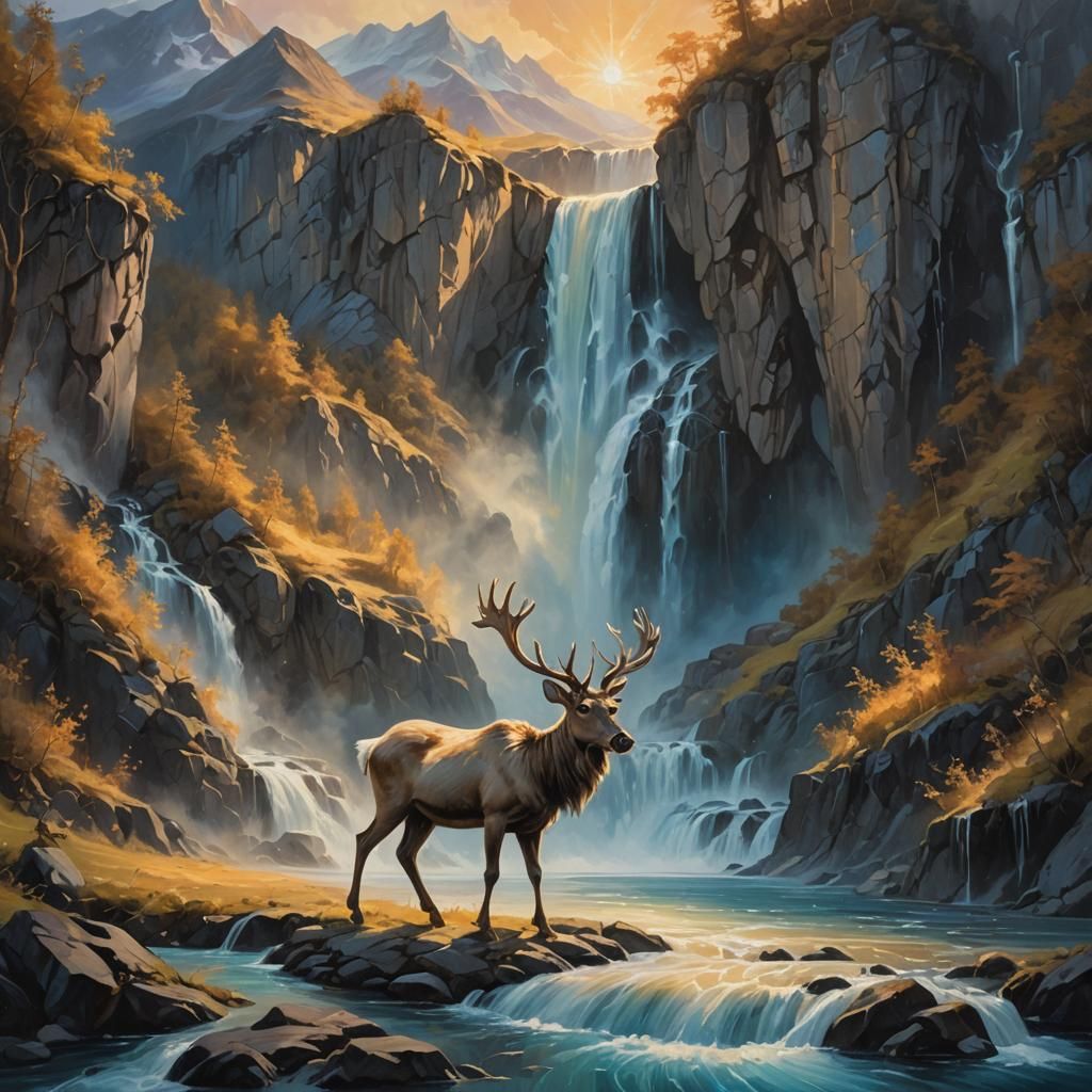 Reindeer in Mystical Landscape: Surrealist Oil Painting