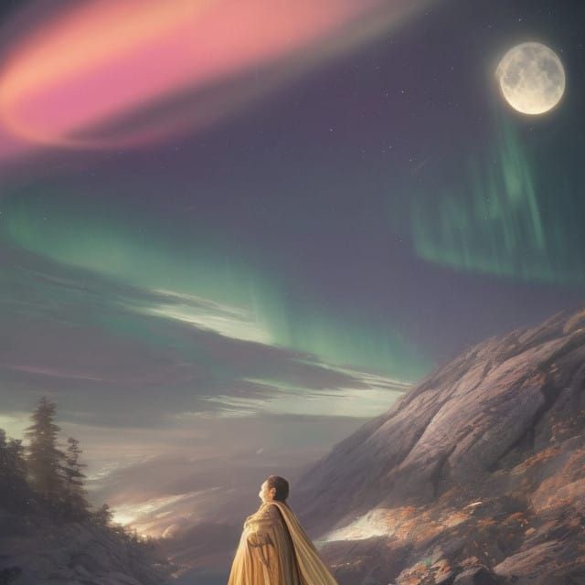 Regal Figure Gazing at Nordic Landscape Aurora