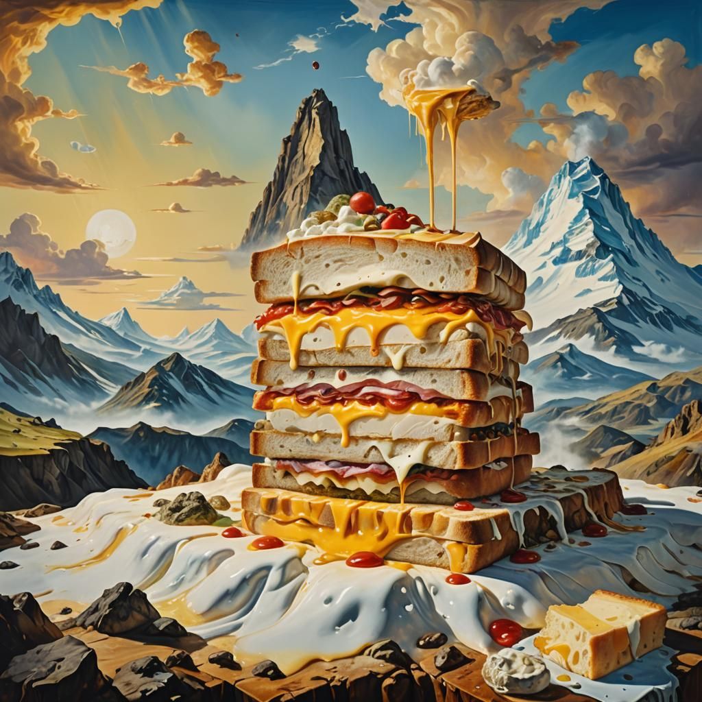 Surreal Sandwich on Mountain Peak in Oil Painting