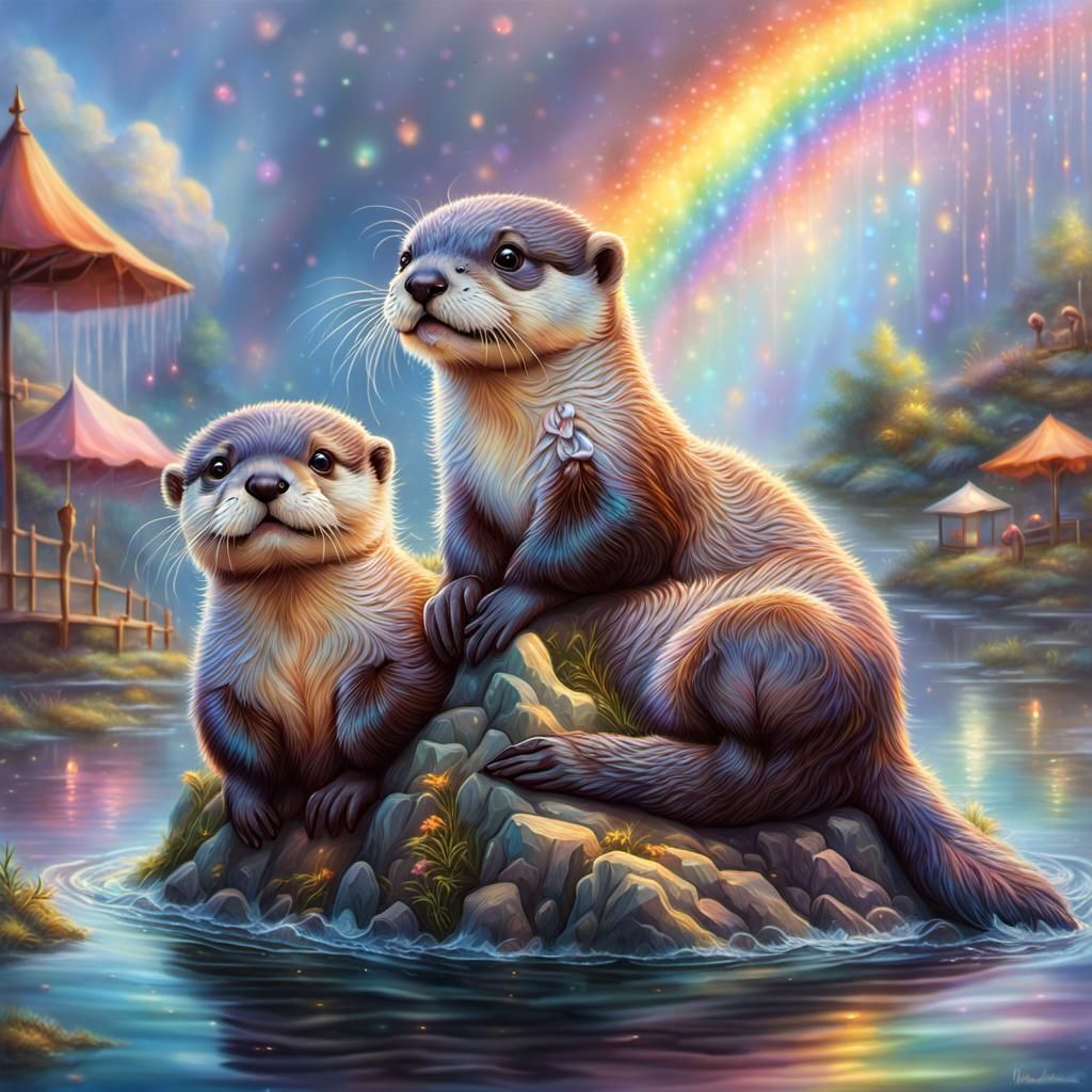 Magical Baby Otters Under Rainbow Lights