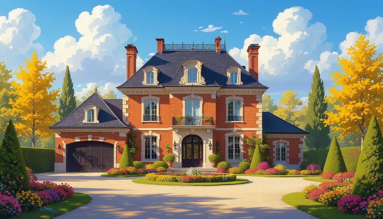 Grand Chateau with Vibrant Garden in Golden Hour Light