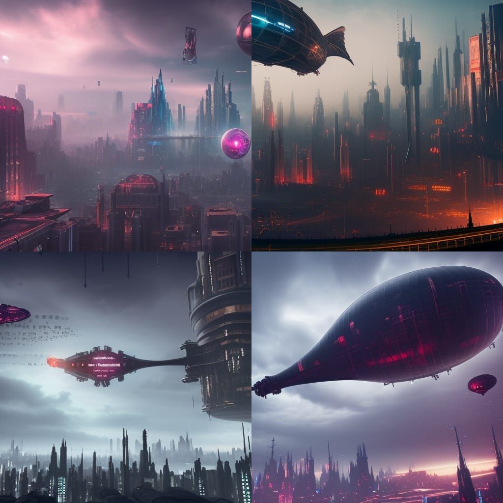 Gothic Cyberpunk Cityscape with Airships