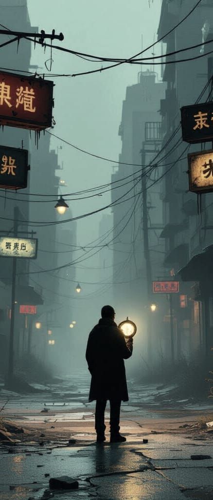 Lone Figure with Glowing Compass at Cracked Urban Intersecti...