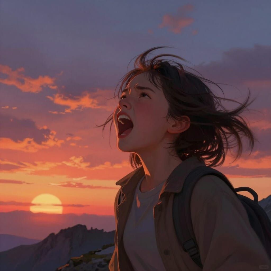 Girl Shouting at Sunset on Mountain Peak