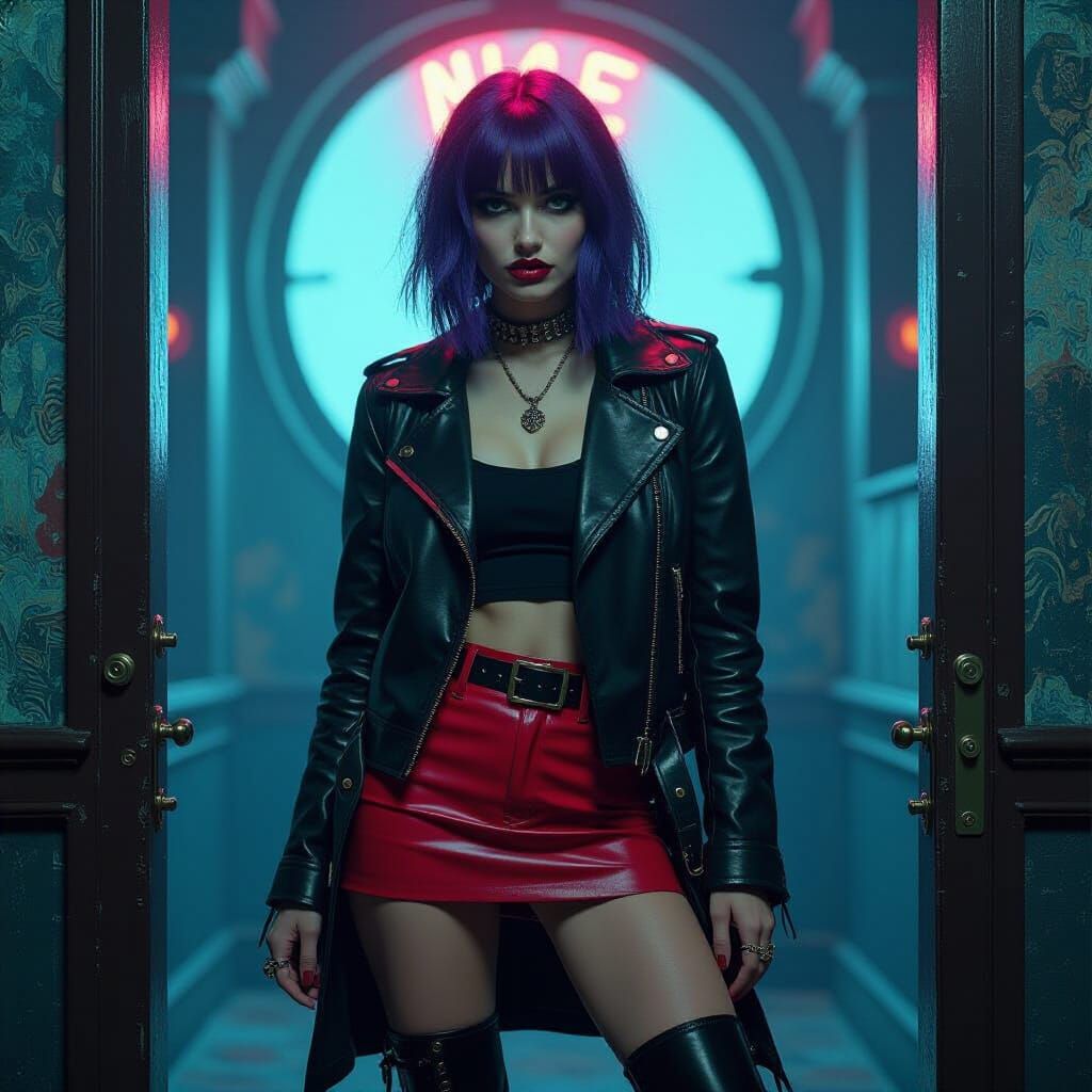 Impasto Portrait: Woman in Leather Jacket with Neon Horror A...