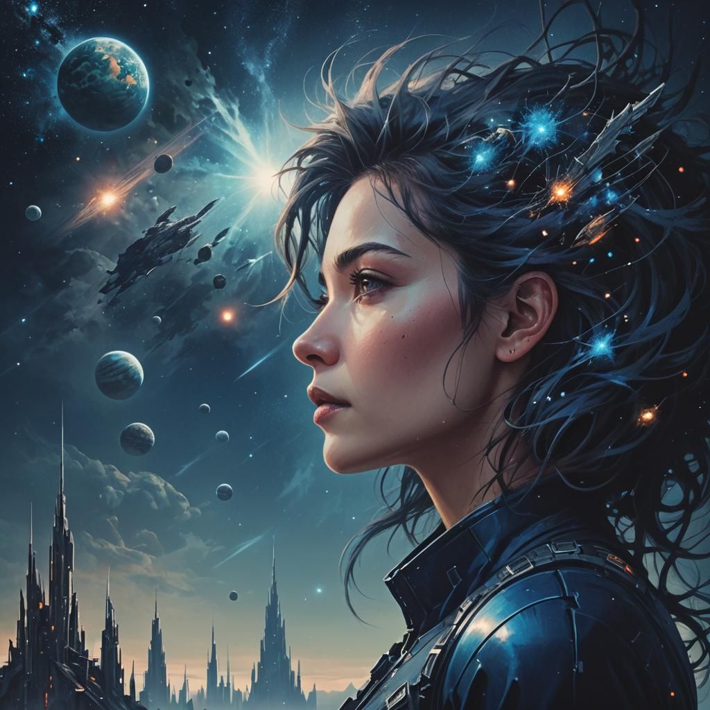 Woman's Face in Starry Sci-Fi Landscape