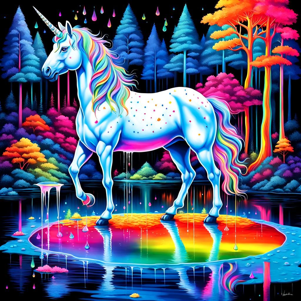 White unicorn with black imane,neon sieve and horn discovers...