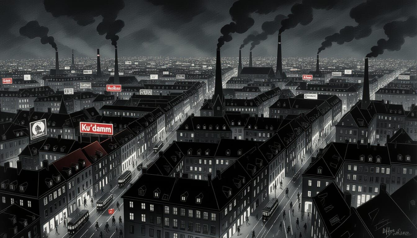 1920s Berlin Night Panorama in German Expressionist Style