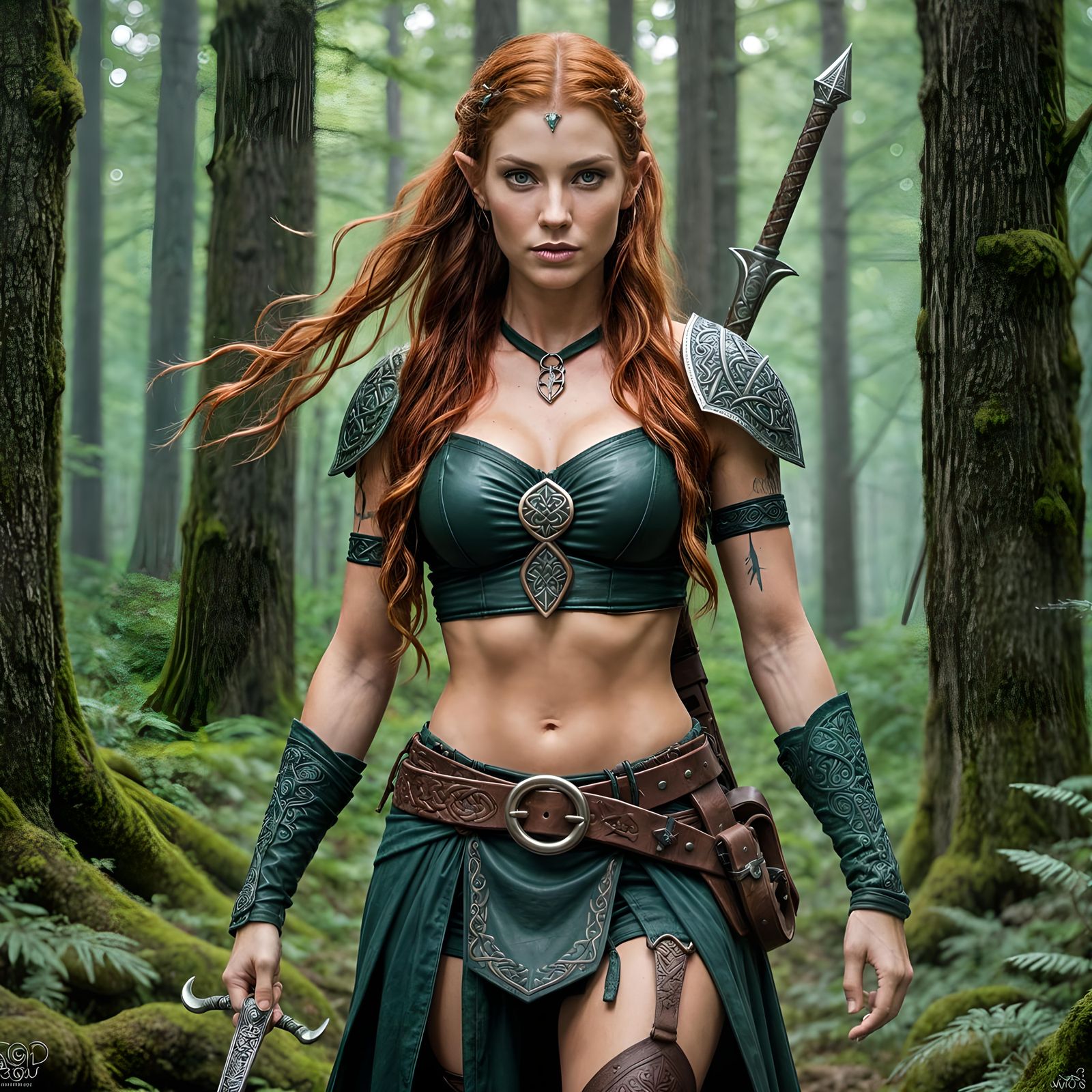 Tall proud wood elf, female, athletic body, long red hair, green eyes, toned body, two swords on back, blue celtic knot ...